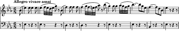 <<
\new Staff \relative c'' {
\clef "treble"
\tempo "Allegro vivace assai"
\key ees \major
\time 6/8
\tempo 4 = 170
\partial 8 bes8 (ees4) ees8 ees4 ees8
ees4 (f32 ees d ees g8) r8
bes,8 (f'4) f8 f4 f8
f4 (g32 f e f aes8) r8
bes (g4) g8 g4 aes32 (g f g bes4.) ~ bes8 g ees
f4. ~ f8 d bes ees4 r8 r4 r8
}
\new Staff \relative c {
\clef "bass"
\key ees \major
\time 6/8
\partial 8 r8 ees4 r8 r4 r8 ees4 r8 r4 r8
d4 r8 r4 r8 d4 r8 r4 r8
ees4 r8 r4 r8 ees4 r8 r4 r8
bes4 r8 r4 r8
ees4 r8 r4 r8
}
>>
