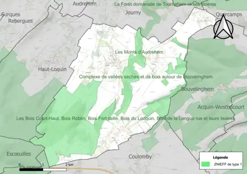 Carte des ZNIEFF de type 1 sur la commune.