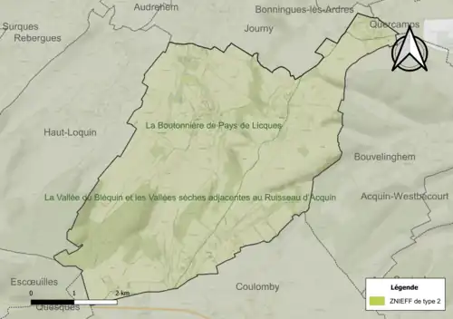Carte des ZNIEFF de type 2 sur la commune.