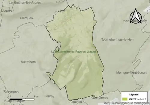 Carte de la ZNIEFF de type 2 sur la commune.