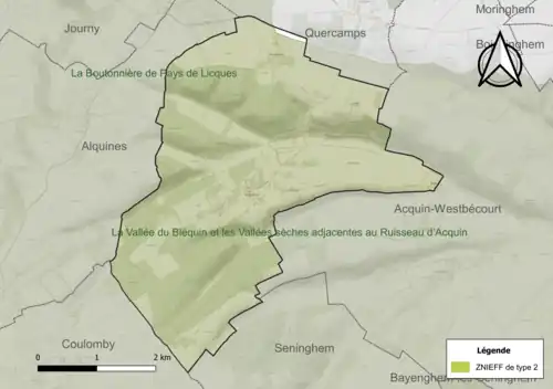 Carte des ZNIEFF de type 2 sur la commune.