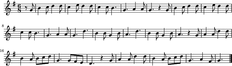 
\relative c'' {
  \key g \major
  \numericTimeSignature
  \time 6/8
  \partial 4
  \dynamicUp
  r8 g
  b4 c8 d4 d8
  c4 e8 d4 d8
  c4 c8 b4.
  g a4 a8
  g4. r4 g8
  b4 c8 d4 d8
  c4 e8 d4 d8
  c4 c8 b4.
  g a4 a8
  g4. d'
  b4 b8 g4 b8
  a4. d
  b4 b8 g4 b8
  a4. r4 g8
  a4 a8 d4 d8
  b4 a8 b c d
  g,4. g8 fis e
  d4. r4 g8
  a4 a8 d4 d8
  b4 a8 b c d
  g,4. a4 fis8
  g4.\bar "|."
}
