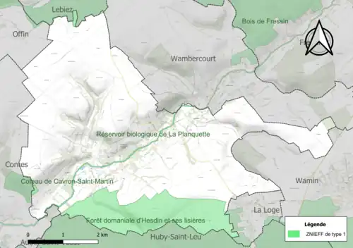 Carte des ZNIEFF de type 1 sur la commune.