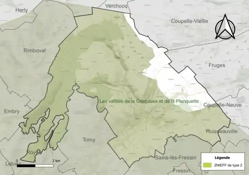 Carte de la ZNIEFF de type 2 sur la commune.