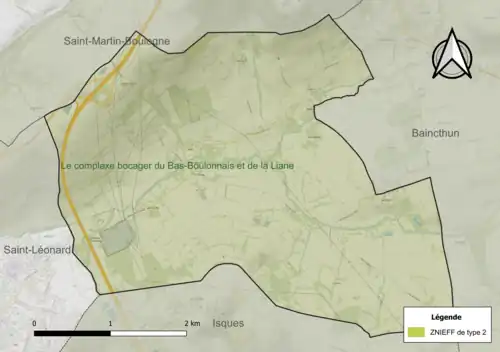Carte de la ZNIEFF de type 2 sur la commune.