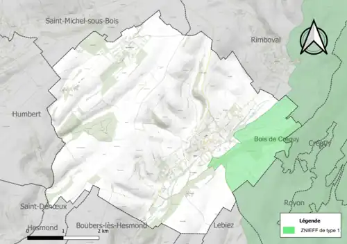 Carte de la ZNIEFF de type 1 sur la commune.