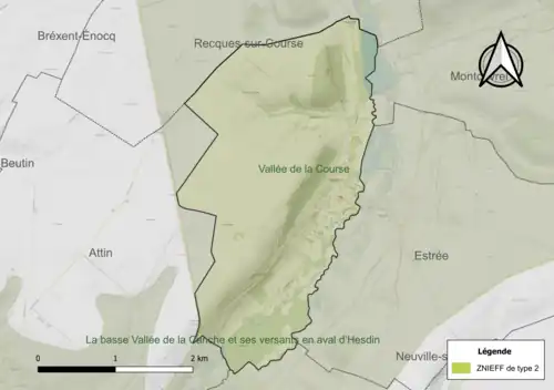 Carte de la ZNIEFF de type 2 sur la commune.