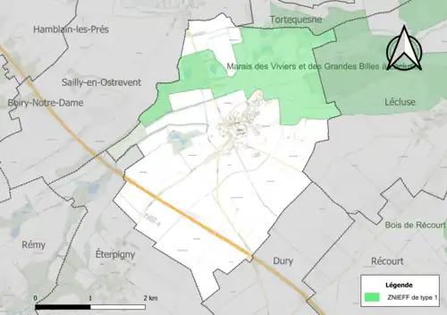 Carte de la ZNIEFF de type 1 sur la commune.