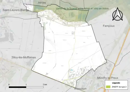 Carte de la ZNIEFF de type 2 sur la commune.