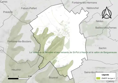 Carte de la ZNIEFF de type 2 sur la commune.