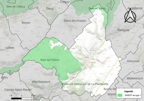 Carte des ZNIEFF de type 1 sur la commune.
