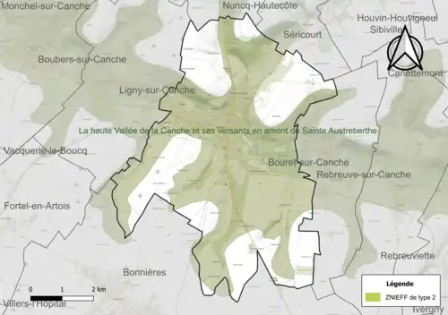 Carte de la ZNIEFF de type 2 sur la commune.