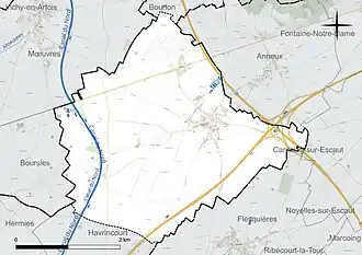 Carte en couleur présentant le réseau hydrographique de la commune