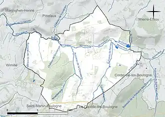 Carte en couleur présentant le réseau hydrographique de la commune
