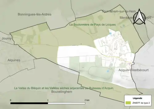 Carte des ZNIEFF de type 2 sur la commune.