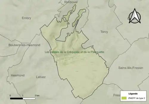 Carte de la ZNIEFF de type 2 sur la commune.