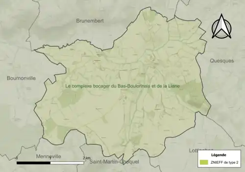 Carte de la ZNIEFF de type 2 sur la commune.