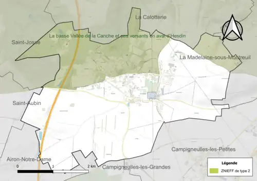 Carte de la ZNIEFF de type 2 sur la commune.