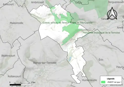 Carte des ZNIEFF de type 1 sur la commune.
