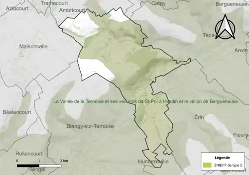 Carte de la ZNIEFF de type 2 sur la commune.