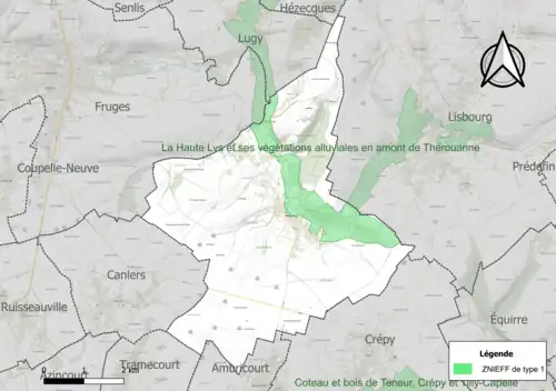 Carte de la ZNIEFF de type 1 sur la commune.