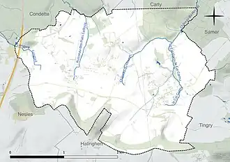Carte en couleur présentant le réseau hydrographique de la commune