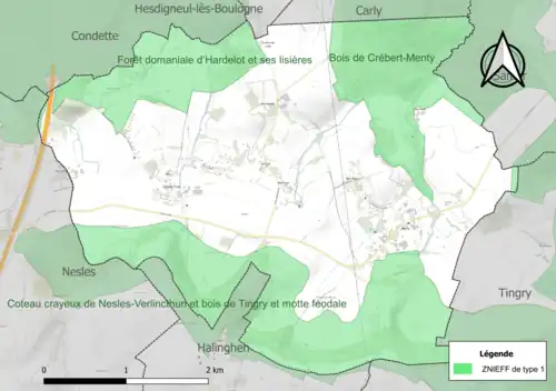 Carte des ZNIEFF de type 1 sur la commune.