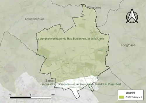 Carte des ZNIEFF de type 2 sur la commune.