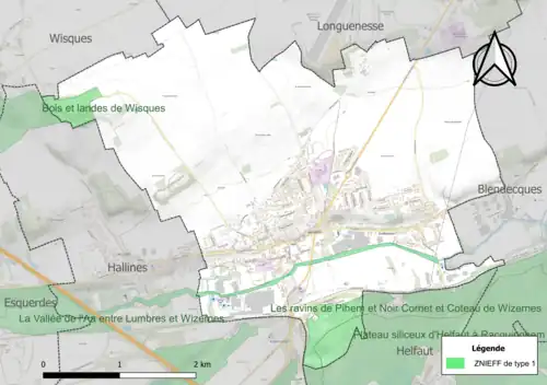 Carte des ZNIEFF de type 1 sur la commune.