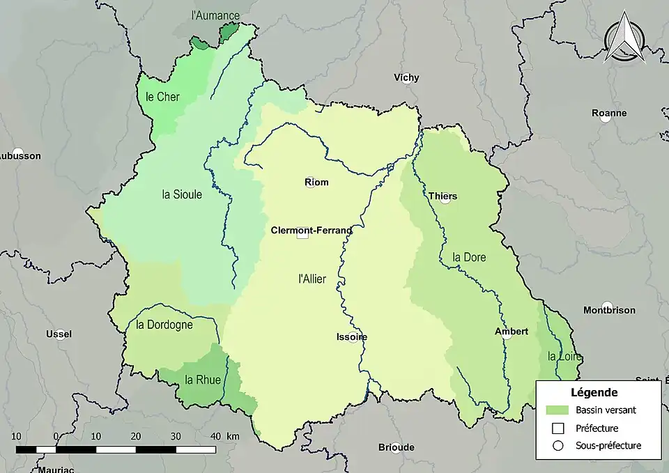 Les principaux bassins versants du Puy-de-Dôme.
