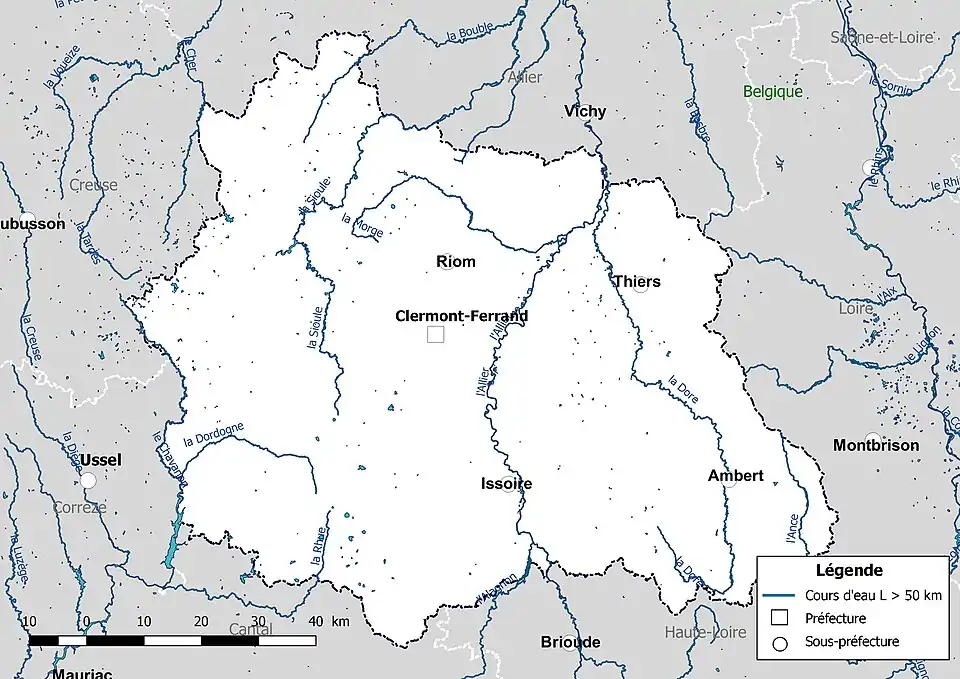 Carte des cours d'eau de longueur supérieure à 50&nbsp;km du Puy-de-Dôme.
