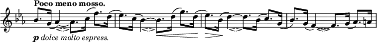 
\relative c' \new Staff \with { \remove "Time_signature_engraver" } {
 \key es \major \time 4/4 \tempo "Poco meno mosso."
 bes'8. _\markup { \dynamic p \italic { dolce molto espress. } } g16( << aes4)~ { s8 s8_\espressivo } >> aes8. c16( f8.) d16( es8.) c16( << bes4)~ { s8 s8_\espressivo } >> bes8.\< d16( g8.) d16
 ( es8.)\> bes16\!( << d4)~ { s8 s8_\espressivo } >> d8. bes16( c8.) g16( bes8.) g16( << f4)~ { s8 s8_\espressivo } >> f8. g16( aes8.) a16
}
