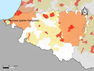 Localisation de l'aire d'attraction d'Hendaye (partie française) dans le département des Pyrénées-Atlantiques.