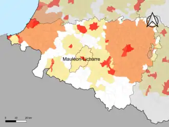 Localisation de l'aire d'attraction de Mauléon-Licharre dans le département des Pyrénées-Atlantiques.