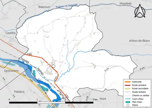 Carte en couleur présentant le réseau hydrographique de la commune