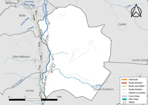 Carte en couleur présentant le réseau hydrographique de la commune