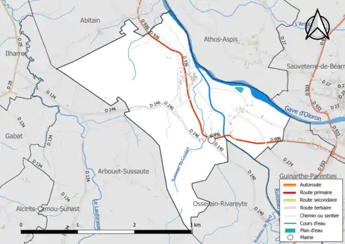 Carte en couleur présentant le réseau hydrographique de la commune