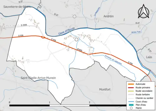 Carte en couleur présentant le réseau hydrographique de la commune