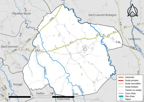 Carte en couleur présentant le réseau hydrographique de la commune