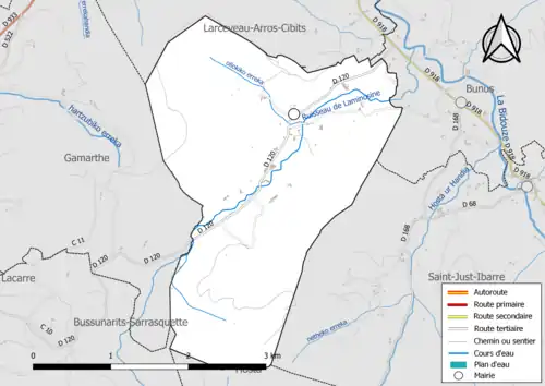Carte en couleur présentant le réseau hydrographique de la commune