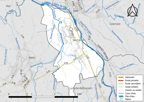 Carte en couleur présentant le réseau hydrographique de la commune