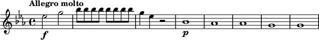 
\relative c'' {
   \version "2.18.2"
   \key es \major
   \tempo "Allegro molto"
   \tempo 4 = 150
   es2\f g |
  \repeat unfold 8 { bes8 } |
  g4 es r2 |
  bes1\p | as | as | g | g |
}
