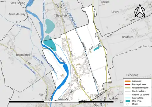 Carte en couleur présentant le réseau hydrographique de la commune