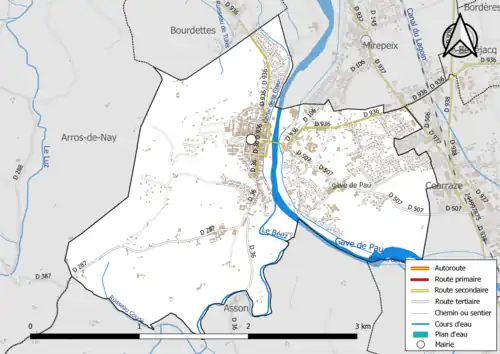 Carte en couleur présentant le réseau hydrographique de la commune