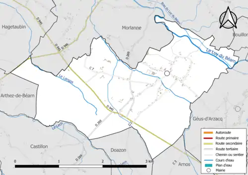 Carte en couleur présentant le réseau hydrographique de la commune