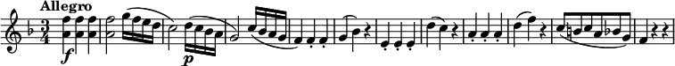 \relative c'' {
\version "2.18.2"
\tempo "Allegro"
\key f \major
\time 3/4
\tempo 4 = 140
<a f'>4 \f <a f'> <a f'>
<a f'>2 g'16 (f e d c2) d16 \p (c bes a g2)
c16 (bes a g f4) f-. f-.
g (bes) r
e,-. e-. e-.
d' (c) r
a-. a-. a-. d (f) r
c8 (b c a bes! g)
f4 r r
}