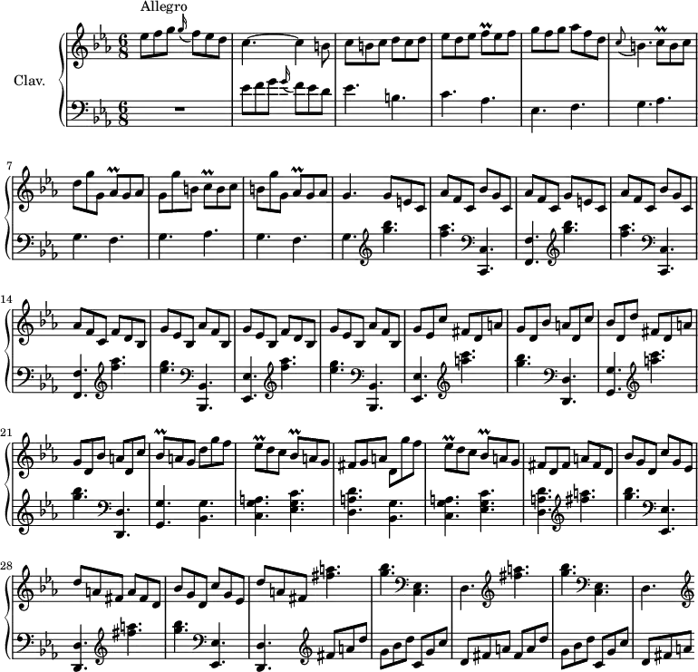 
\version "2.18.2"
\header {
  tagline = ##f
  % composer = "Domenico Scarlatti"
  % opus = "K. 174"
  % meter = "Allegro"
}

%% les petites notes
trillFq       = { \tag #'print { f8\prall } \tag #'midi { \times 2/3 { f32 g f~ } f16 } }
trillCq       = { \tag #'print { c8\prall } \tag #'midi { \times 2/3 { c32 d c~ } c16 } }
trillAesq     = { \tag #'print { aes8\prall } \tag #'midi { \times 2/3 { aes32 bes aes~ } aes16 } }
trillEesq     = { \tag #'print { ees8\prall } \tag #'midi { \times 2/3 { ees32 e ees~ } ees16 } }
trillBesq     = { \tag #'print { bes8\prall } \tag #'midi { \times 2/3 { bes32 c bes~ } bes16 } }

upper = \relative c'' {
  \clef treble 
  \key c \minor
  \time 6/8
  \tempo 4. = 90
  \set Staff.midiInstrument = #"harpsichord"
  \override TupletBracket.bracket-visibility = ##f

      s8*0^\markup{Allegro}
      ees8 f g \appoggiatura g16 f8 ees d | c4.~ c4 b8 | c b c d c d | ees d ees \trillFq ees f | g f g aes f d |
      % ms. 6
      \appoggiatura c8 b4. \trillCq b8 c | d g g, \trillAesq g8 aes | g g' b, \trillCq b8 c  | b g' g,  \trillAesq g8 aes | g4. \repeat unfold 2 { g8 e c |
      % ms. 11
      aes'8 f c bes' g c, | aes'8 f c } f8 d bes | g' ees bes aes' f bes, |
      % ms. 16
      g'8 ees bes f' d bes | g' ees bes aes' f bes, | g' ees c' fis, d a' | g d bes' a d, c' | bes d, d' fis, d a' |
      % ms. 21
      g d bes' a d, c' | \trillBesq a8 g d' g f | \trillEesq d8 c \trillBesq a8 g | fis g a d, g'f | \trillEesq d8 c \trillBesq a8 g |
      % ms. 26
      fis8 d fis \repeat unfold 2 { a fis d | bes' g d c' g ees | d' a fis } \repeat unfold 2 { < fis' a >4. |
      % ms. 31
      < g bes > \clef bass  < c,,, ees >4. d4.  \clef treble  }

}

lower = \relative c' {
  \clef bass
  \key c \minor
  \time 6/8
  \set Staff.midiInstrument = #"harpsichord"
  \override TupletBracket.bracket-visibility = ##f

    % ************************************** \appoggiatura a16  \repeat unfold 2 {  } \times 2/3 { }   \omit TupletNumber 
      R2. | ees8 f g \appoggiatura g16 f8 ees d | ees4. b c aes ees f |
      % ms. 6
      \repeat unfold 2 { g4. aes g f } | g4.  \repeat unfold 2 { \clef treble  < g'' bes >4. 
      % ms. 11
      < f aes >4.    \clef bass  < c,,, c' >4. < f f' > } \repeat unfold 2 { \clef treble  < f''' aes >4. | < ees g >4.    \clef bass  < bes,,, bes' >4.
      % ms. 16
      < ees ees' >4. } \repeat unfold 2 { \clef treble  < a''' c >4. |
      % ms. 21
      < g bes >4.    \clef bass  < d,,, d' >4. < g g' >4. } \repeat unfold 2 { < bes g' >4. | < c g' a > < ees g c > |
      % ms. 26 suite
      < d a' d > } \repeat unfold 2 { \clef treble  < fis'' a >4. | < g bes >4.    \clef bass  < ees,,, ees' >4. < d d' >4. } \clef treble fis''8 a d
      % ms. 31
      g,8 bes d c, g' c | d, fis a fis a d | g, bes d c, g' c | d, fis a 

}

thePianoStaff = \new PianoStaff <<
    \set PianoStaff.instrumentName = #"Clav."
    \new Staff = "upper" \upper
    \new Staff = "lower" \lower
  >>

\score {
  \keepWithTag #'print \thePianoStaff
  \layout {
      #(layout-set-staff-size 17)
    \context {
      \Score
     \override SpacingSpanner.common-shortest-duration = #(ly:make-moment 1/2)
      \remove "Metronome_mark_engraver"
    }
  }
}

\score {
  \keepWithTag #'midi \thePianoStaff
  \midi { }
}
