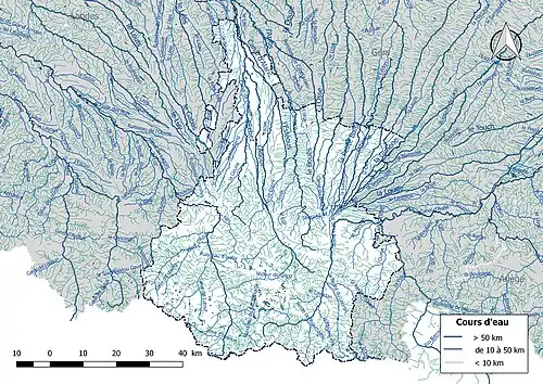 Carte de l'ensemble du réseau hydrographique des Hautes-Pyrénées.