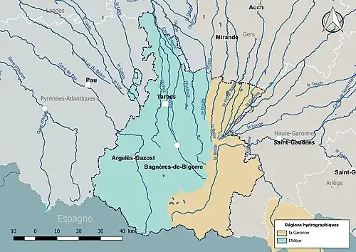 Les Hautes-Pyrénées sont découpées en deux régions hydrographiques « Garonne » et « Adour ».