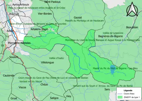 Carte des ZNIEFF de type 1 sur la commune.